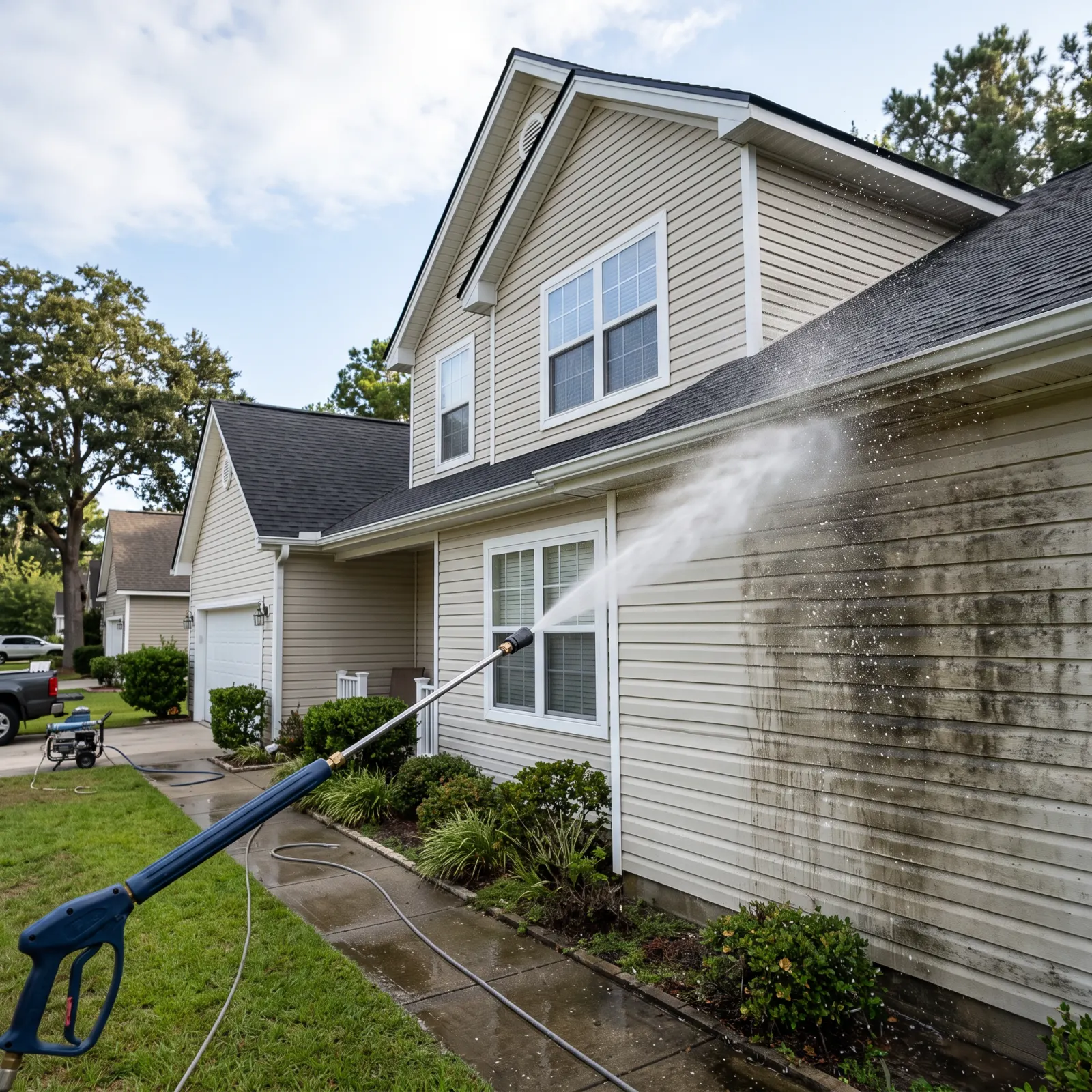 Pressure washer spraying built-up grime and mildew off a two-story house's vinyl siding, half the wall visibly cleaner where the water has already passed